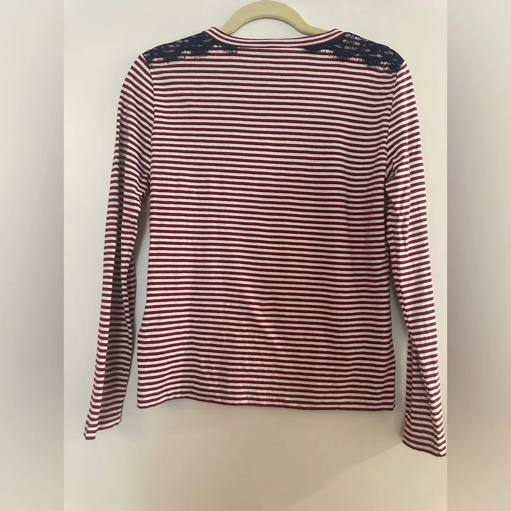 J.Crew Red Striped Crewneck Longsleeve T-Shirt with Navy Lace, Size XS